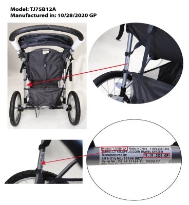 Cityscape strollers recall: The location of the label and identifying information for the faulty strollers.