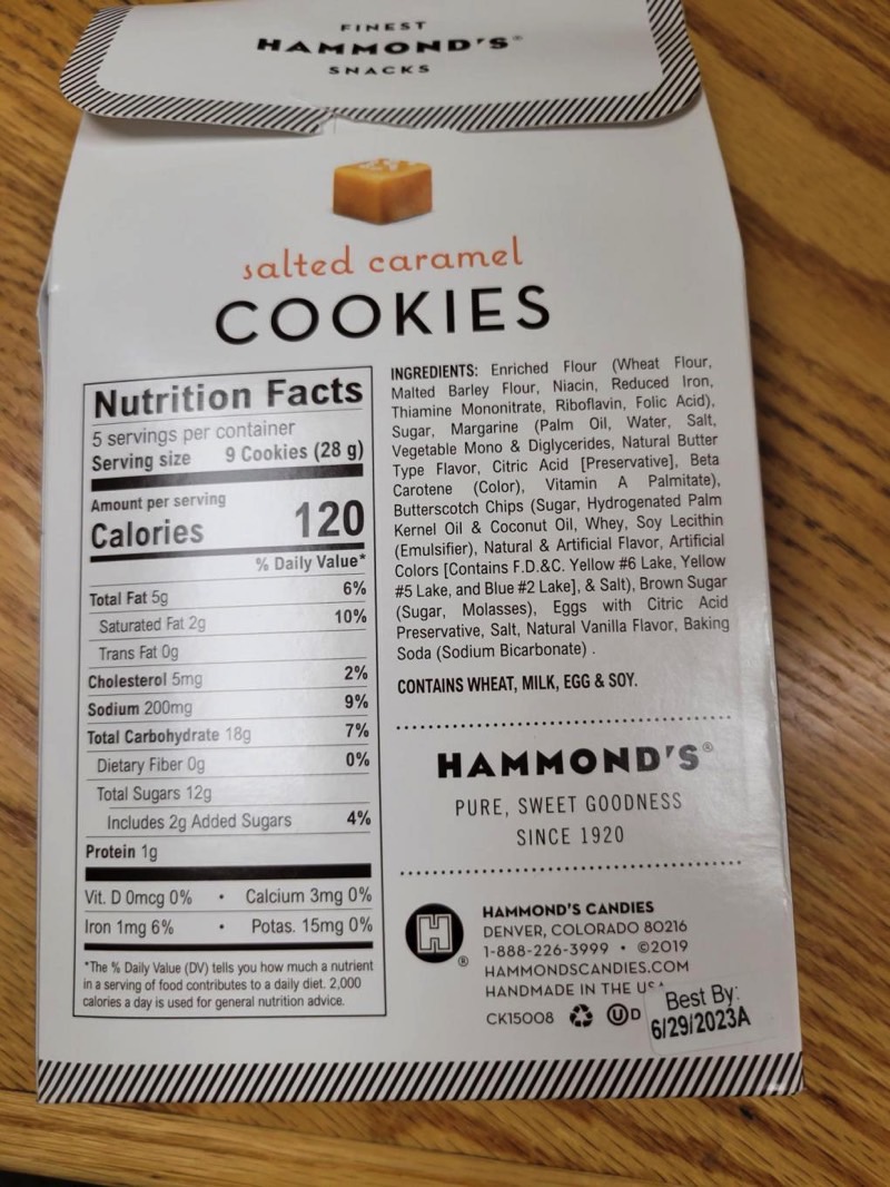 Salted Caramel Cookies Recall: The label on the back of the product's package.