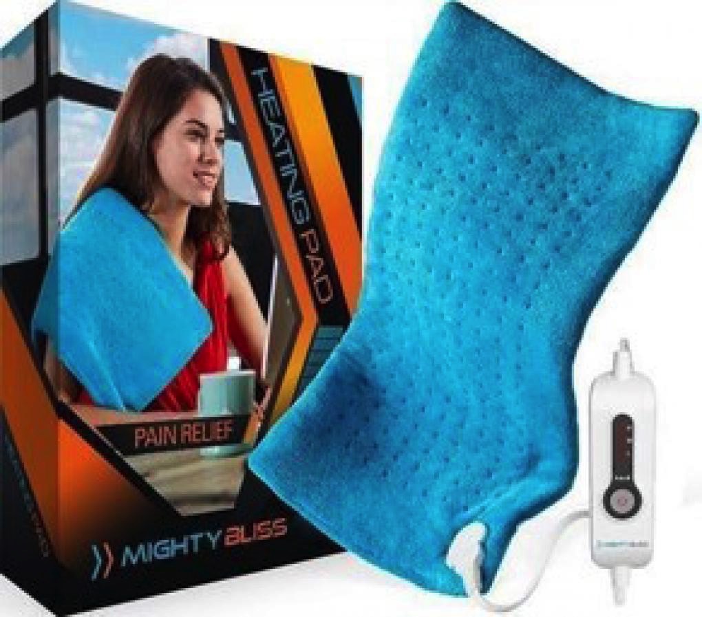 Mighty Bliss Electric Heating Pad recall: Blue model and product box.