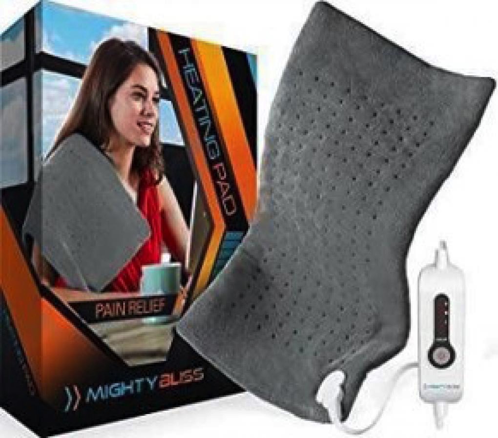 Mighty Bliss Electric Heating Pad recall: Grey model and product box.