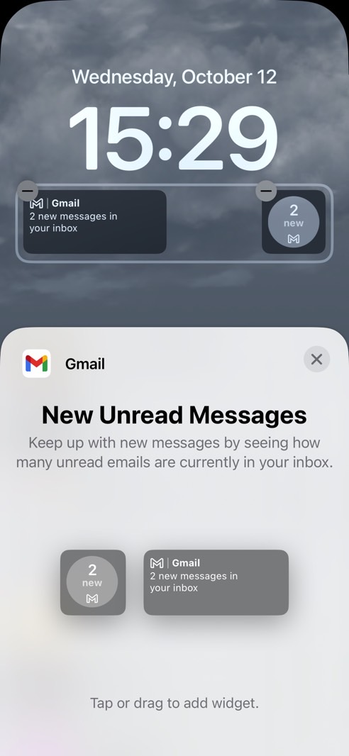 iOS 16 Lock Screen widgets: Gmail app.