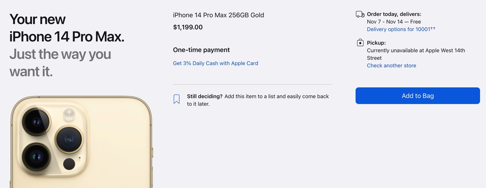 iPhone 14 Pro Max sold out: 256GB Gold variant.