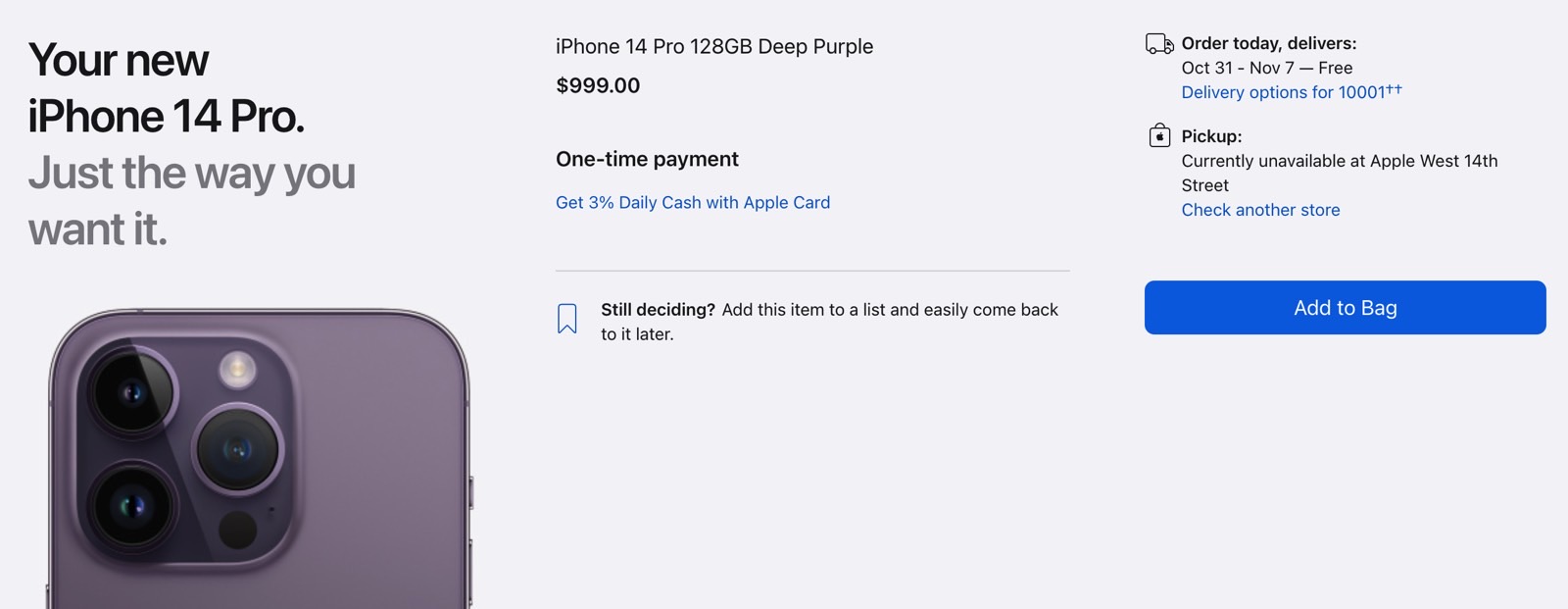 iPhone 14 Pro sold out: 128GB Deep Purple variant.