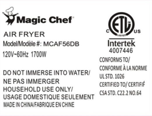 Magic Chef Air Fryer recall: Rating label on the bottom of model MCAF56DB (black).