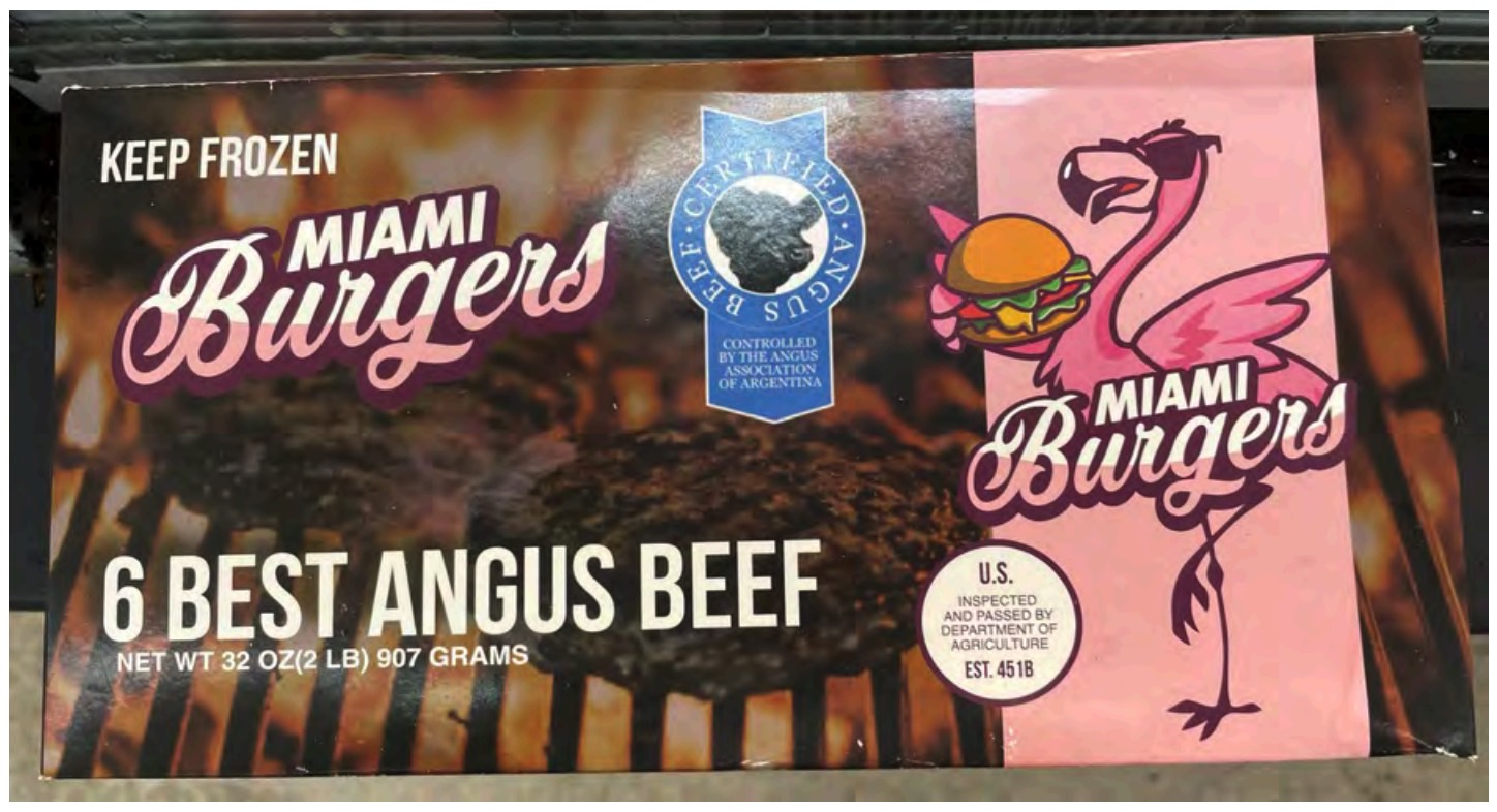 New Universal hamburger recall: Front of "MIAMI Burgers 6 BEST ANGUS BEEF" package.