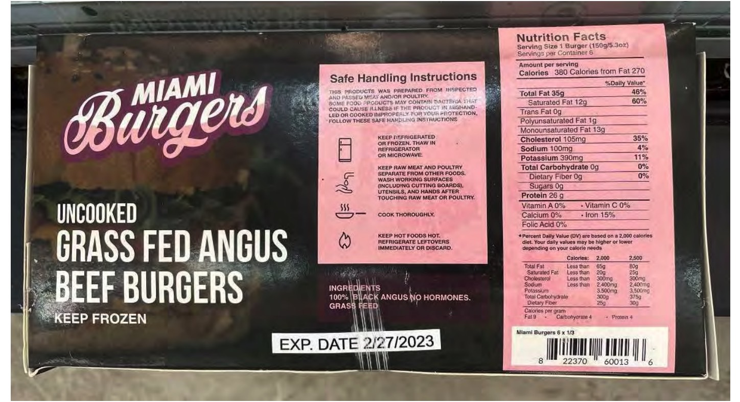 New Universal hamburger recall: Back of "MIAMI Burgers 6 BEST ANGUS BEEF" package.