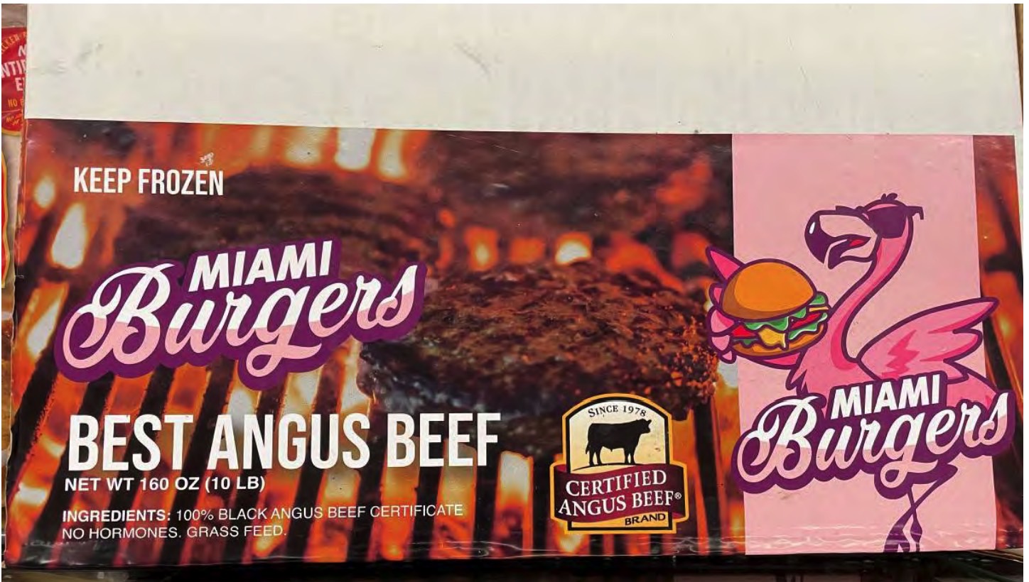 New Universal hamburger recall: Front of "MIAMI Burgers BEST ANGUS BEEF" package.