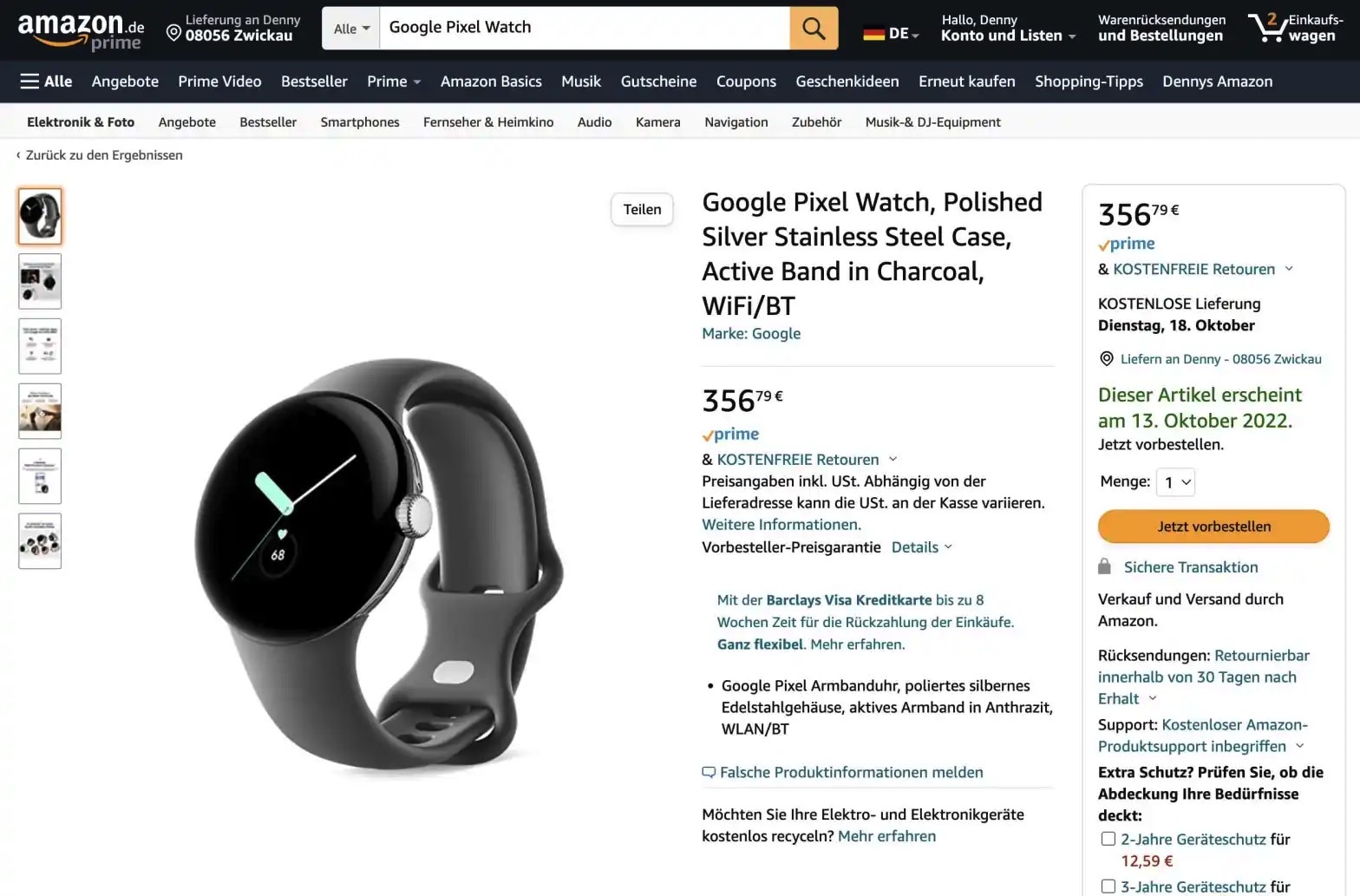 Pixel Watch price listed on Amazon Germany.