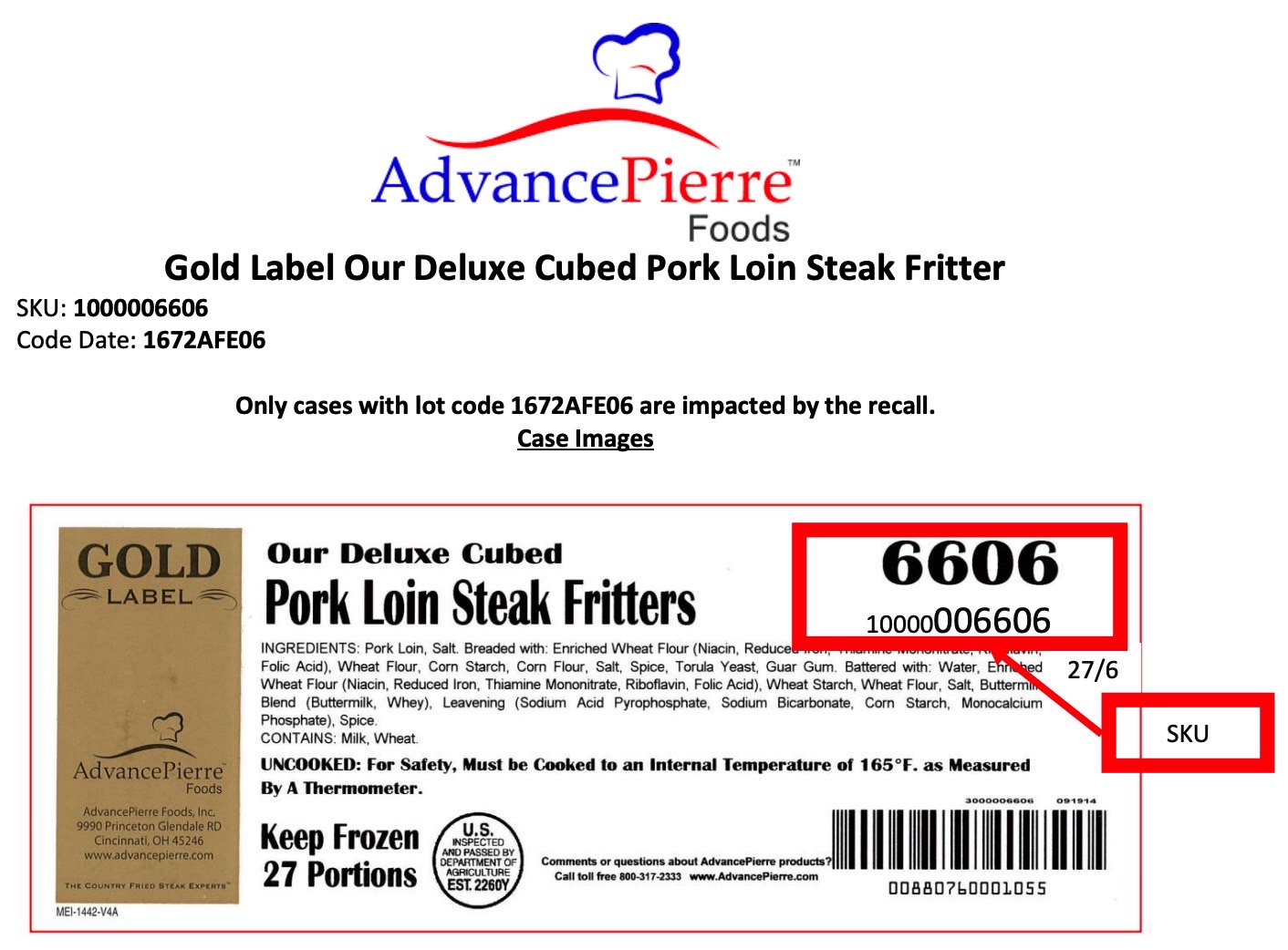 AdvancePierre Foods pork fritters recall: Case identifiers for the recalled lot.