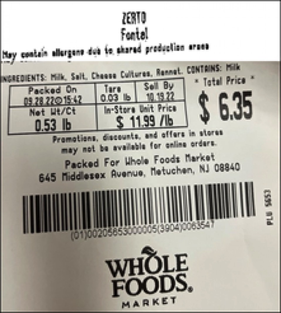 Whole Foods cheese recall: Photo shows the package label.