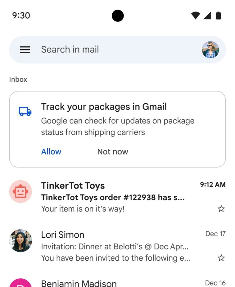 Gmail's new package tracking features.