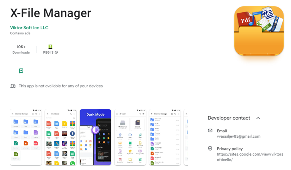 X-File Manager installs malware on Android devices.