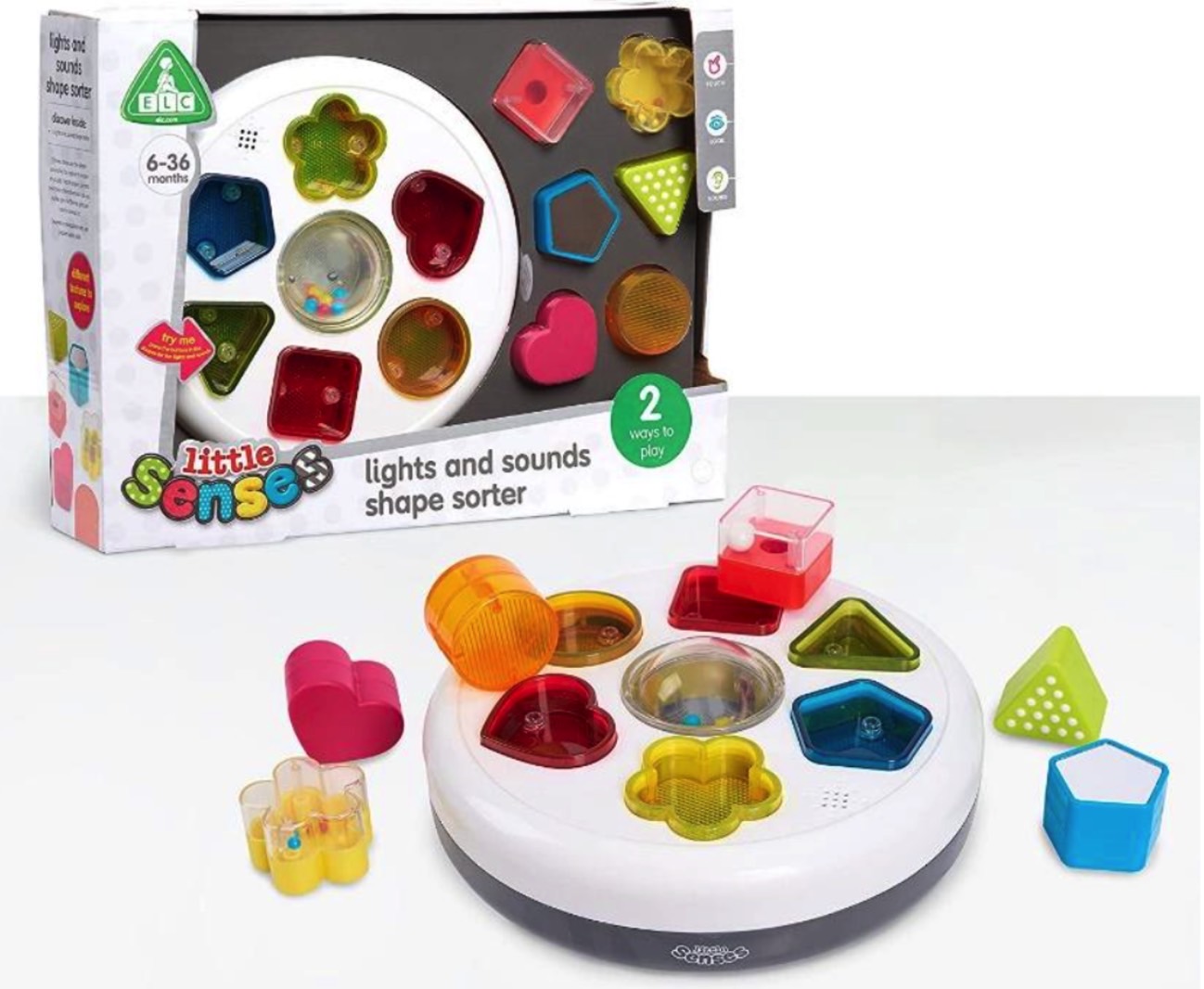 Amazon toy set recall: The Early Learning Center Little Senses Lights and Sounds Shape Sorter set - box and toys.