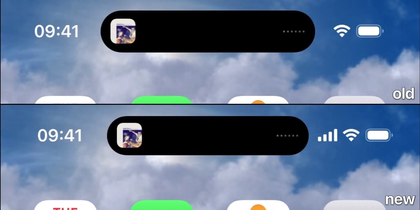 Dynamic Island animation: Before iOS 16.2 update (top) and after (bottom).