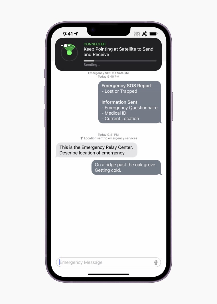 A simulated Emergency SOS chat via satellite on iPhone 14.