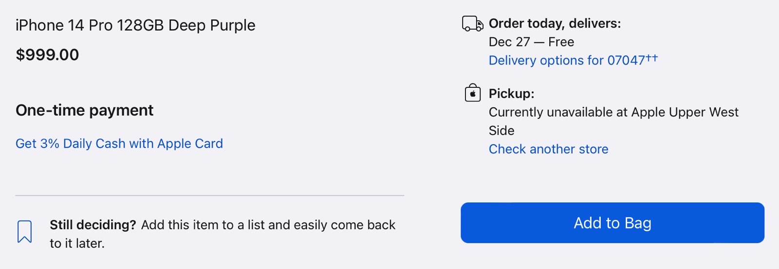 iPhone 14 Pro order simulation offers December 27th shipping estimate.