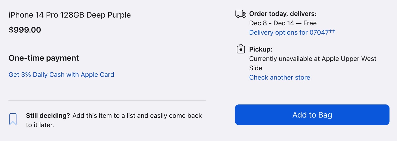 iPhone 14 Pro order simulation offers mid-December shipping estimate.