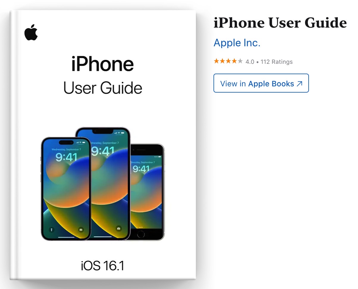 iPhone user manual digital cover shows the latest update: iPhone 14 and iOS 16.1.