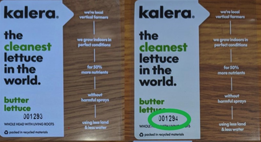 Kalera lettuce recall: Product label for Butter Lettuce showing the two lot numbers.