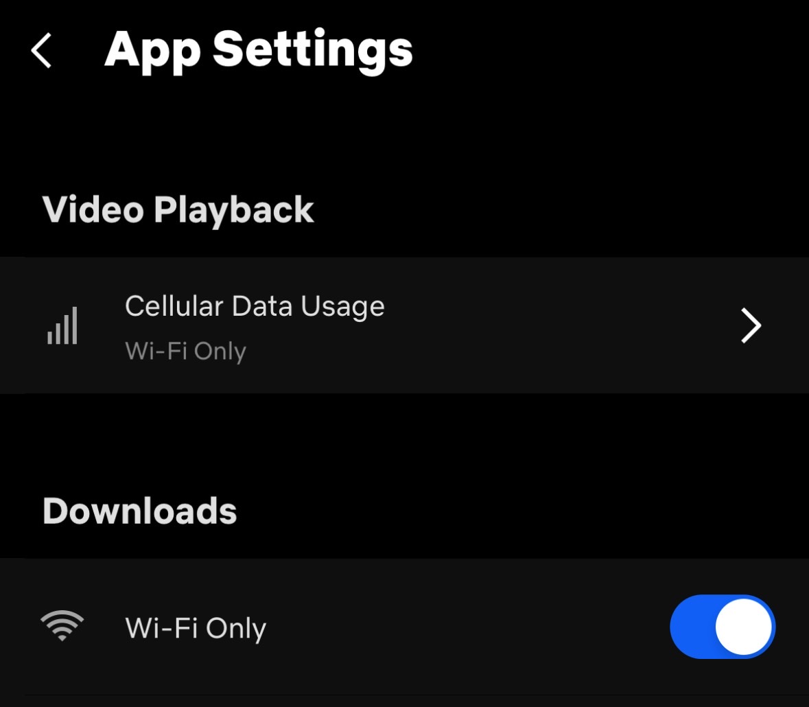 Settings to limit Netflix streaming and downloads to Wi-Fi connectivity on iPhone.