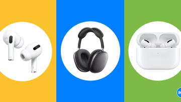 AirPods, AirPods Max, and AirPods Pro on three color backgrounds