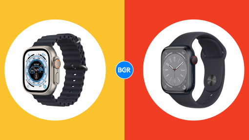 Apple Watch Ultra and Apple Watch Series 8 on a yellow and red background about deals