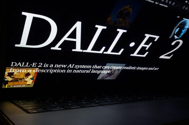In this photo illustration, the logo to the OpenAI "Dall-E" AI image generation app is seen on a laptop screen on February 03, 2023 in London, England.