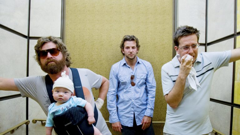 Zach Galifianakis, Bradley Cooper, and Ed Helms in The Hangover.