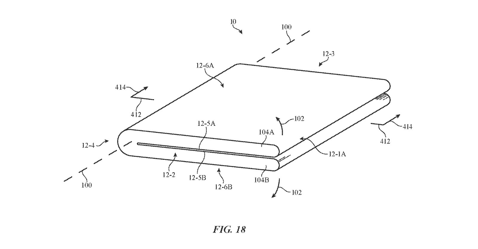 Illustration from USPTO patent nr. 11,579,722 shows a foldable device (10) featuring sensors on every side/edge (12-5A, 12-5B, 12-6A, 12-6B, 12-4,
12-1A, and 12-1B).