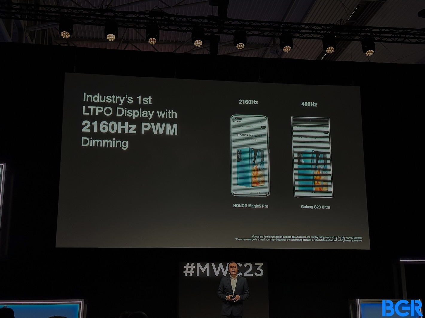 Honor advertises industry's first LTPO display with 2160Hz PWM dimming during Magic 5 Pro launch event at MWC 2023.