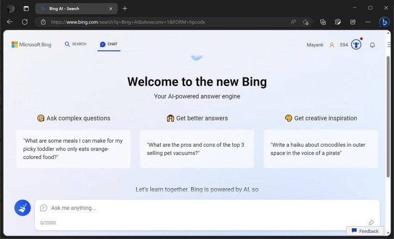 The new Bing's user interface shows Microsoft's ChatGPT chat integration.