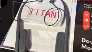 Closeup of the Mymanu Titan wireless earphones.