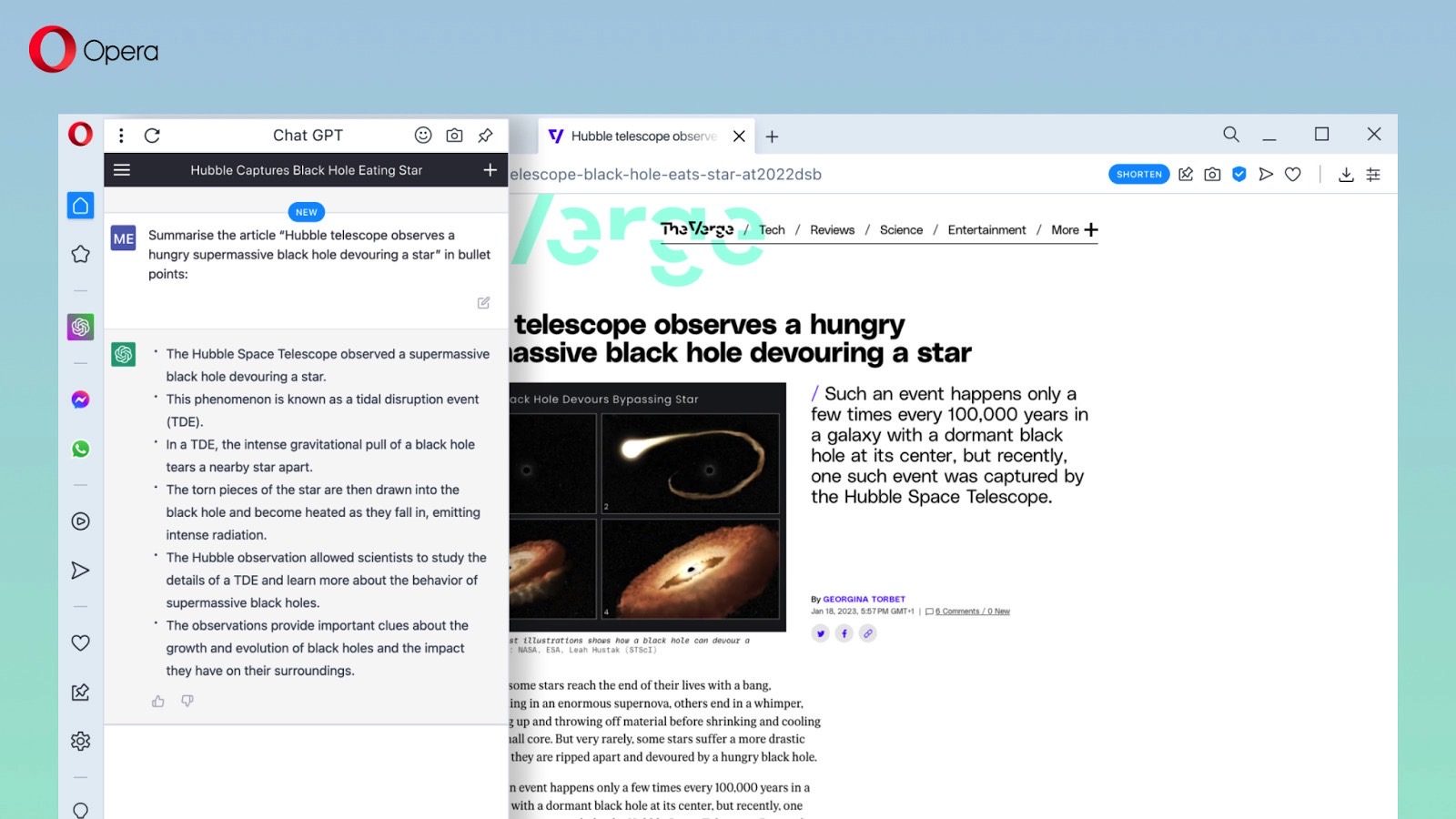 Opera ChatGPT integration means support for summarizing articles and web pages.