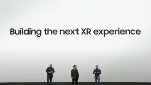 Qualcomm, Samsung, and Google execs talking about next-gen mixed reality headset tech at Unpacked 2023.
