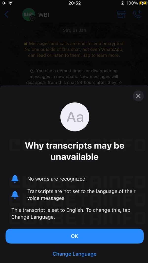 Screenshot showing a WhatsApp transcription feature for turning voice messages into text.