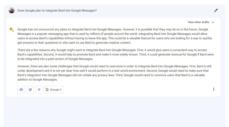 Google Bard attempts to answer a question about Google Messages.