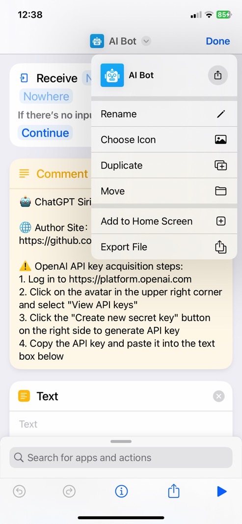 Siri shortcut for ChatGPT on iPhone: Enter your OpenAI API key.