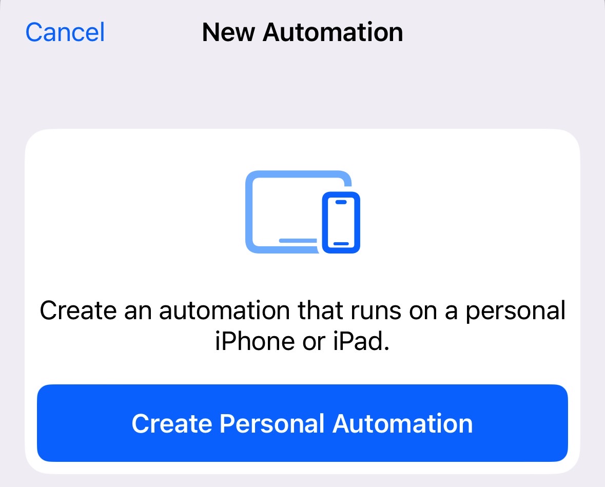 Creating a new automation on iPhone via the Shortcuts app.