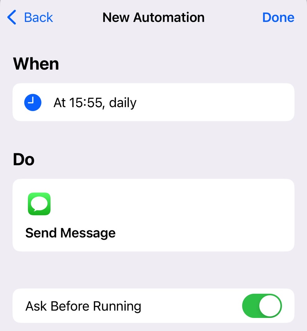 Scheduling a text message on iPhone via the automation feature.