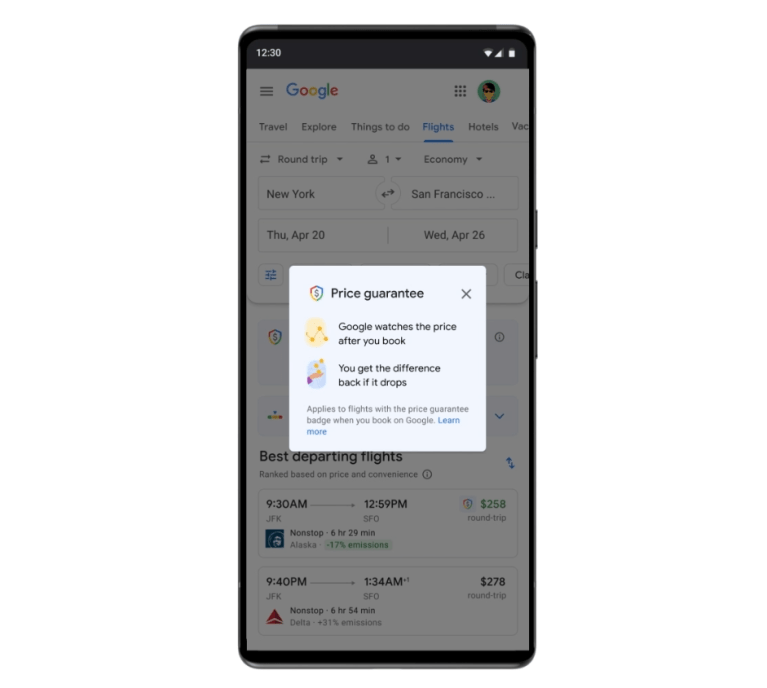 Google Flights price guarantee badge.