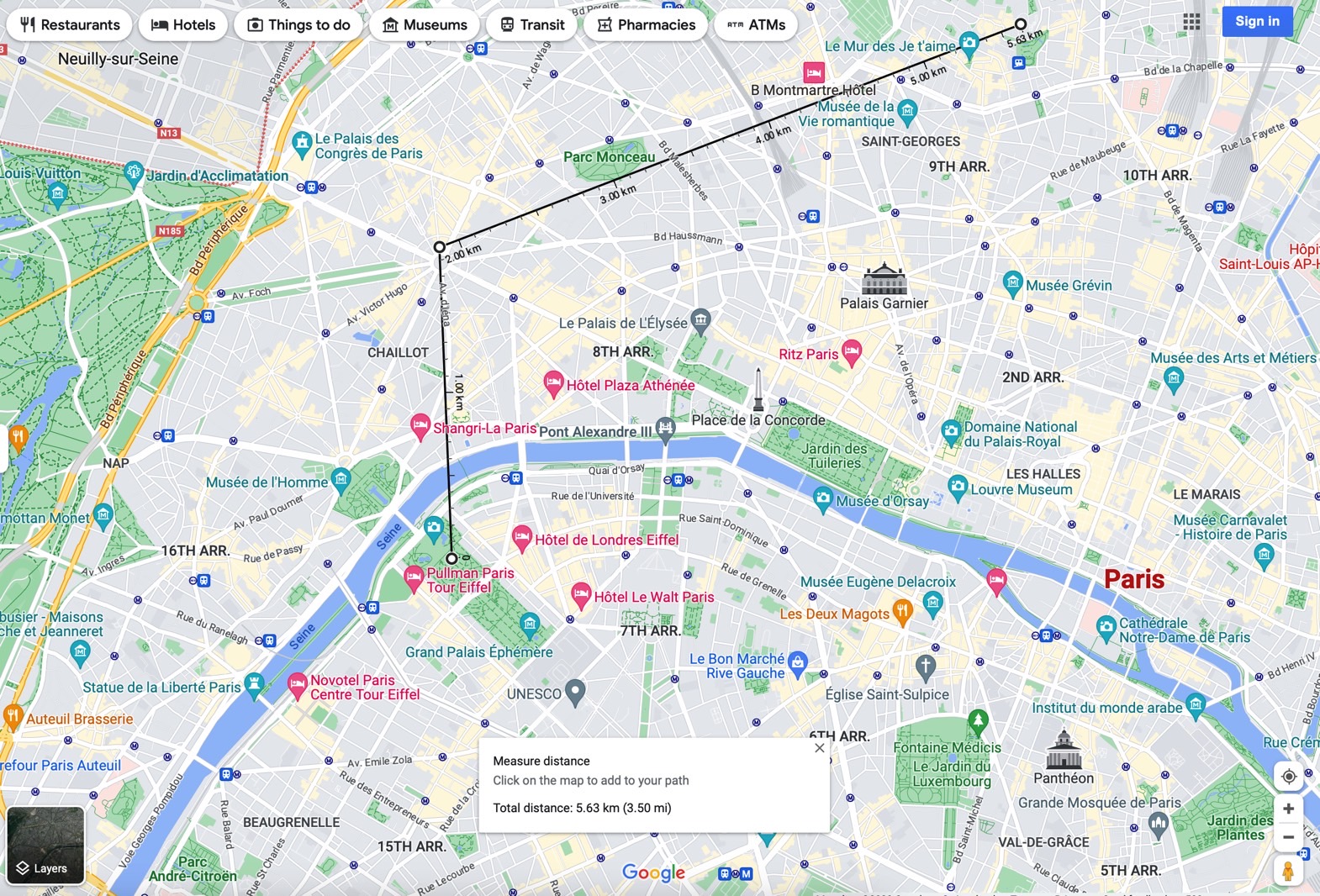 Use Google Maps on the web to measure the distance between places.