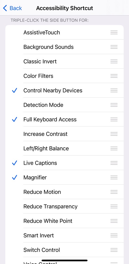 The various actions you can associate with the iPhone triple-click lock button gesture.