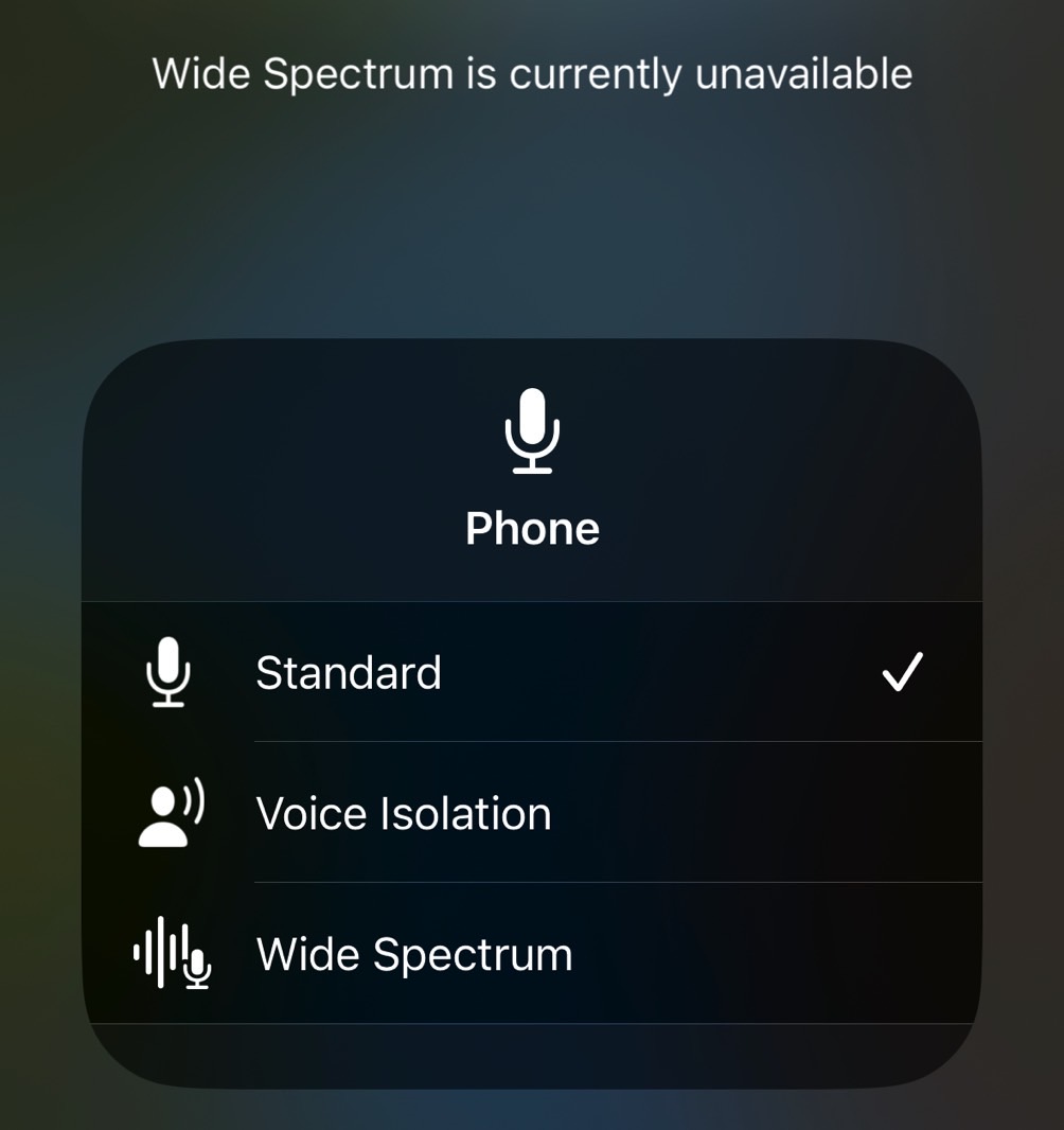 Voice Isolation menu in iPhone's Control Center.