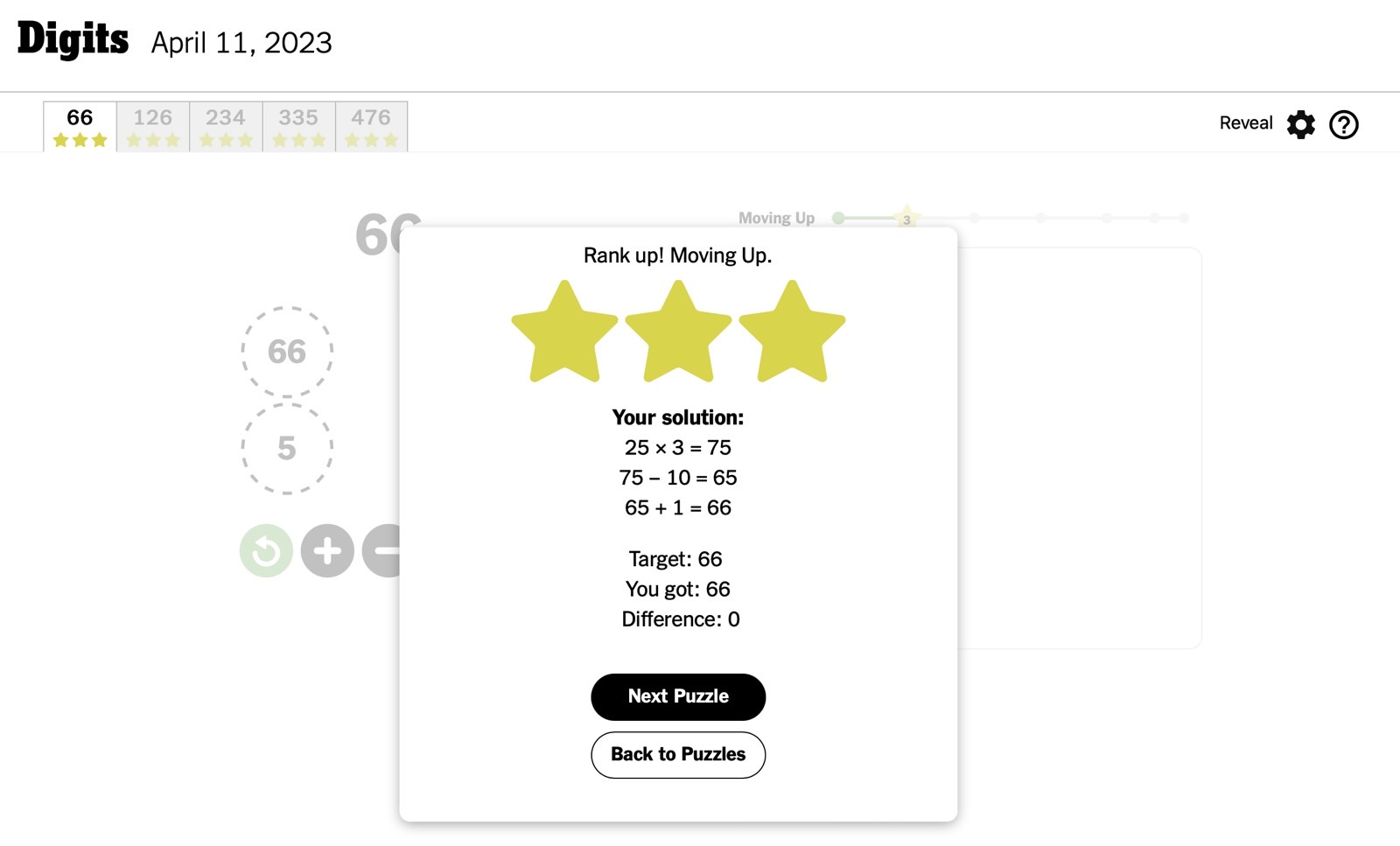 The New York Times' Digits: You get three stars if you find the correct solution.