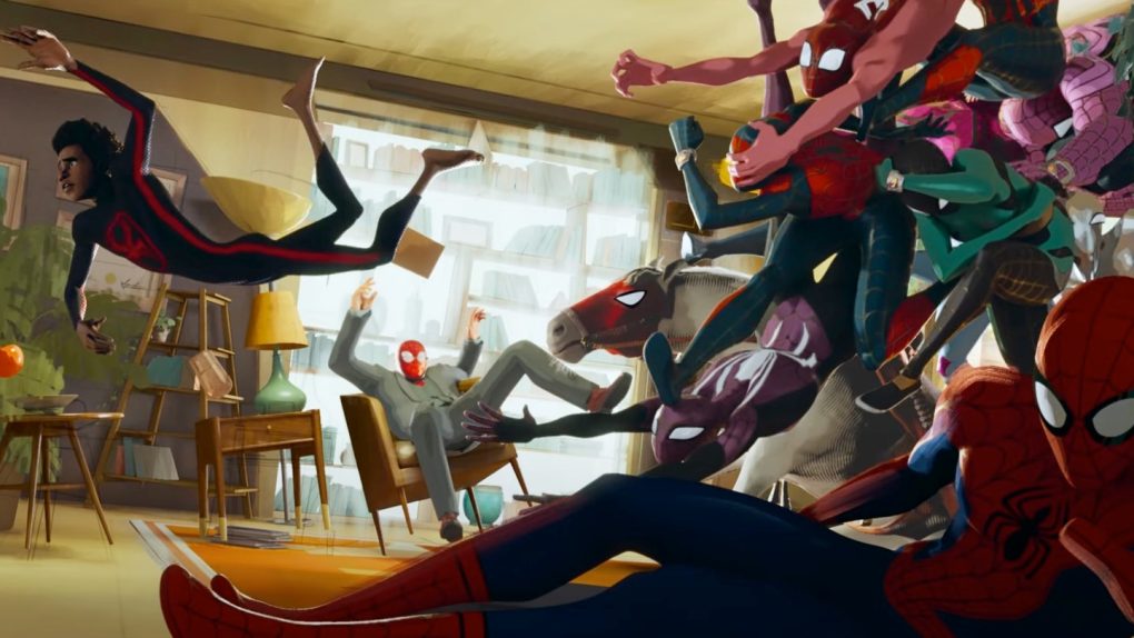 Spider-Man variants chasing Miles Morales (Shameik Moore) in Across the Spider-Verse trailer 2.