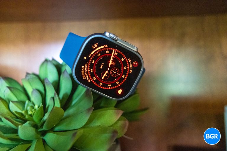 Apple Watch Ultra on a cactus, displaying the exclusive Ultra watch face