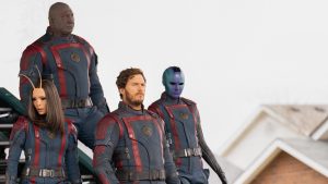 (L-R): Pom Klementieff as Mantis, Dave Bautista as Drax, Chris Pratt as Peter Quill/Star-Lord, and Karen Gillan as Nebula in Marvel Studios' Guardians of the Galaxy Vol. 3.