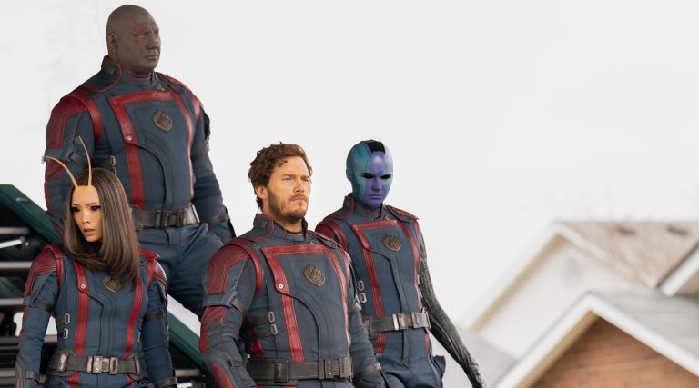 (L-R): Pom Klementieff as Mantis, Dave Bautista as Drax, Chris Pratt as Peter Quill/Star-Lord, and Karen Gillan as Nebula in Marvel Studios' Guardians of the Galaxy Vol. 3.