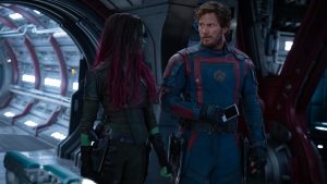 Zoe Saldana as Gamora and Chris Pratt as Peter Quill/Star-Lord in Marvel Studios' Guardians of the Galaxy Vol. 3.
