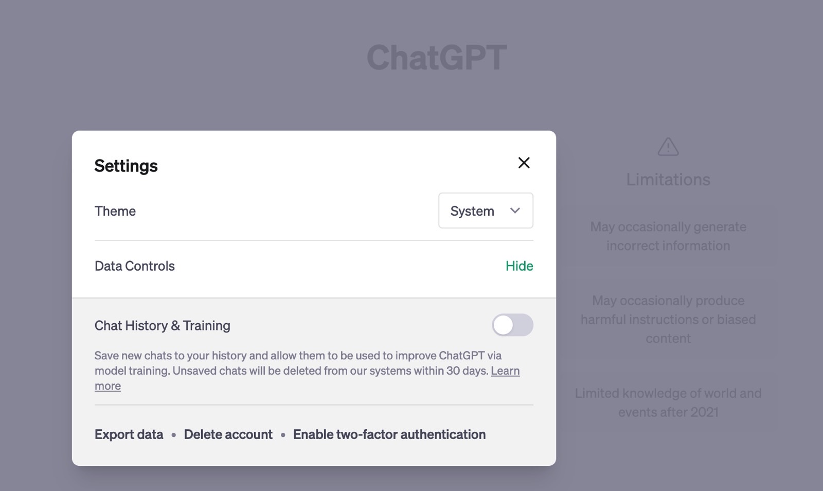 ChatGPT privacy settings: Turning off data collection.